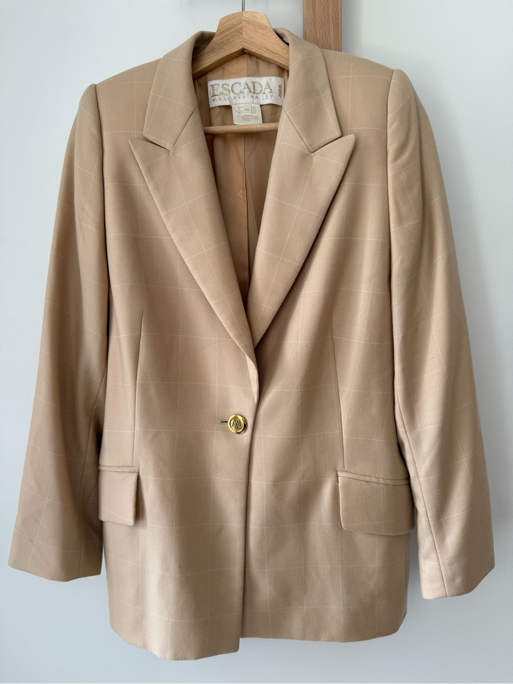 Escada 100% Cashmere Tan Windowpane Single-Button Blazer